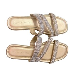 Kelly Katie Gold Rhinestone Slide Sandals Women's Embellished Flat Slip On